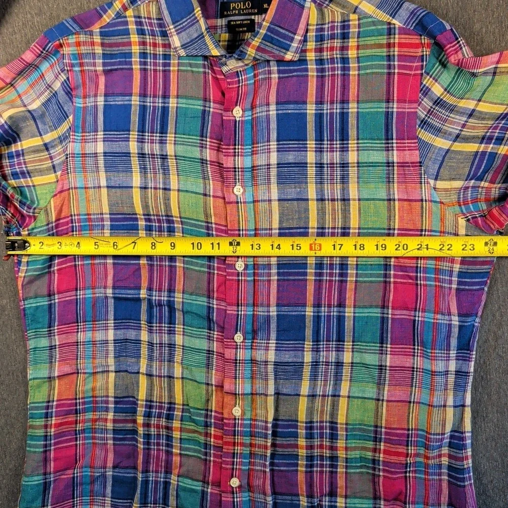 POLO RALPH LAUREN‎ Shirt Mens Large Sea Soft LINEN Plaid Button Up Long Sleeve